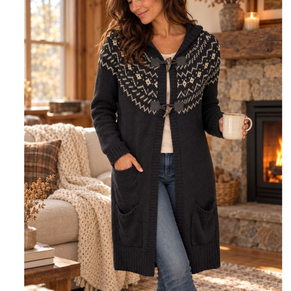 Ralph Lauren Jeans Co Fair Isle Hooded Long Cardigan Black Cream M Cabin Sweater